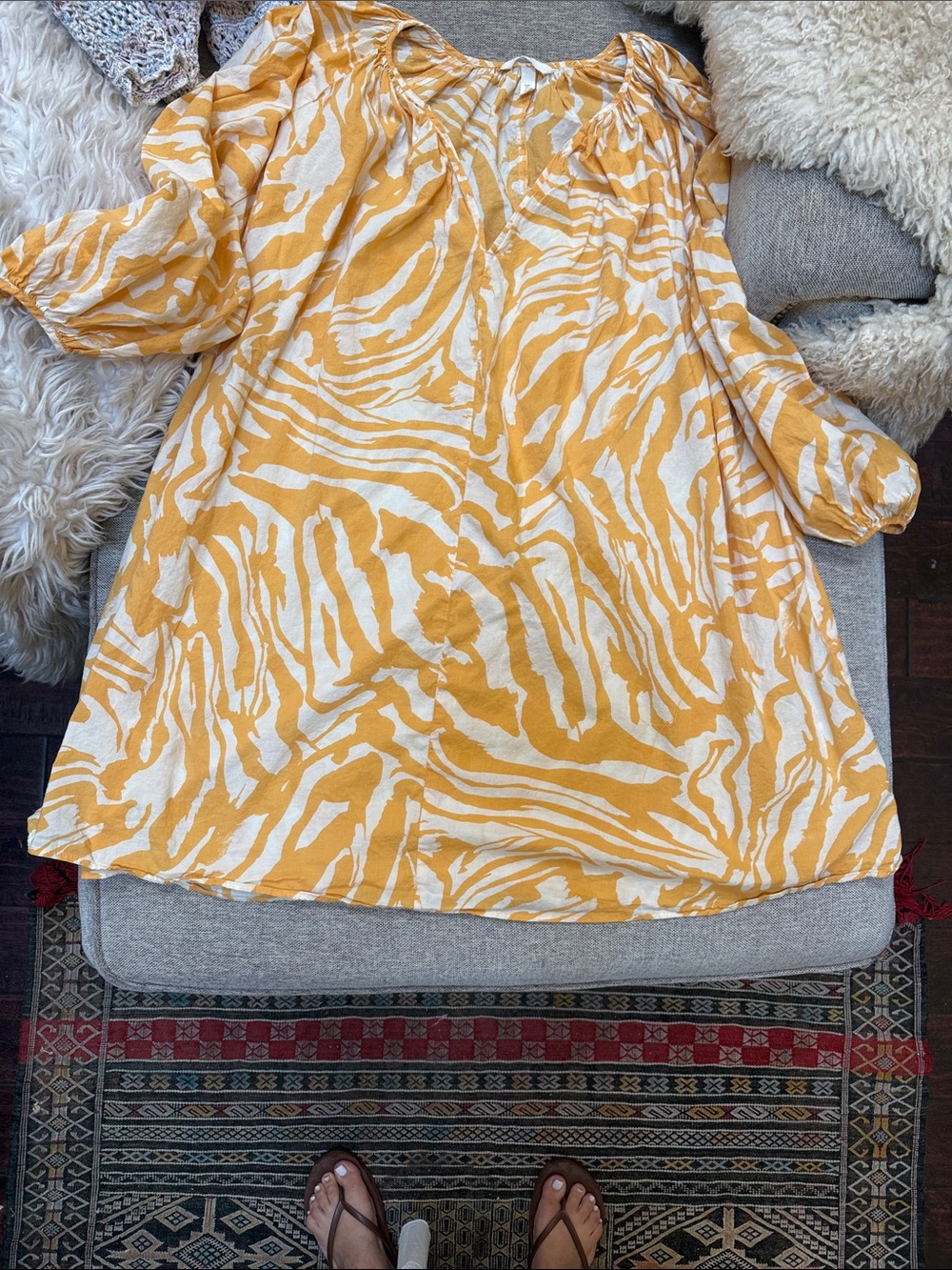 Girls' Yellow White Printed Peasant Dress